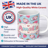 Personalized Custom Name Cute Strawberry Cupcakes with Pink Frosting Blue Background 11oz Ceramic Coffee Tea Mug White Large Handle