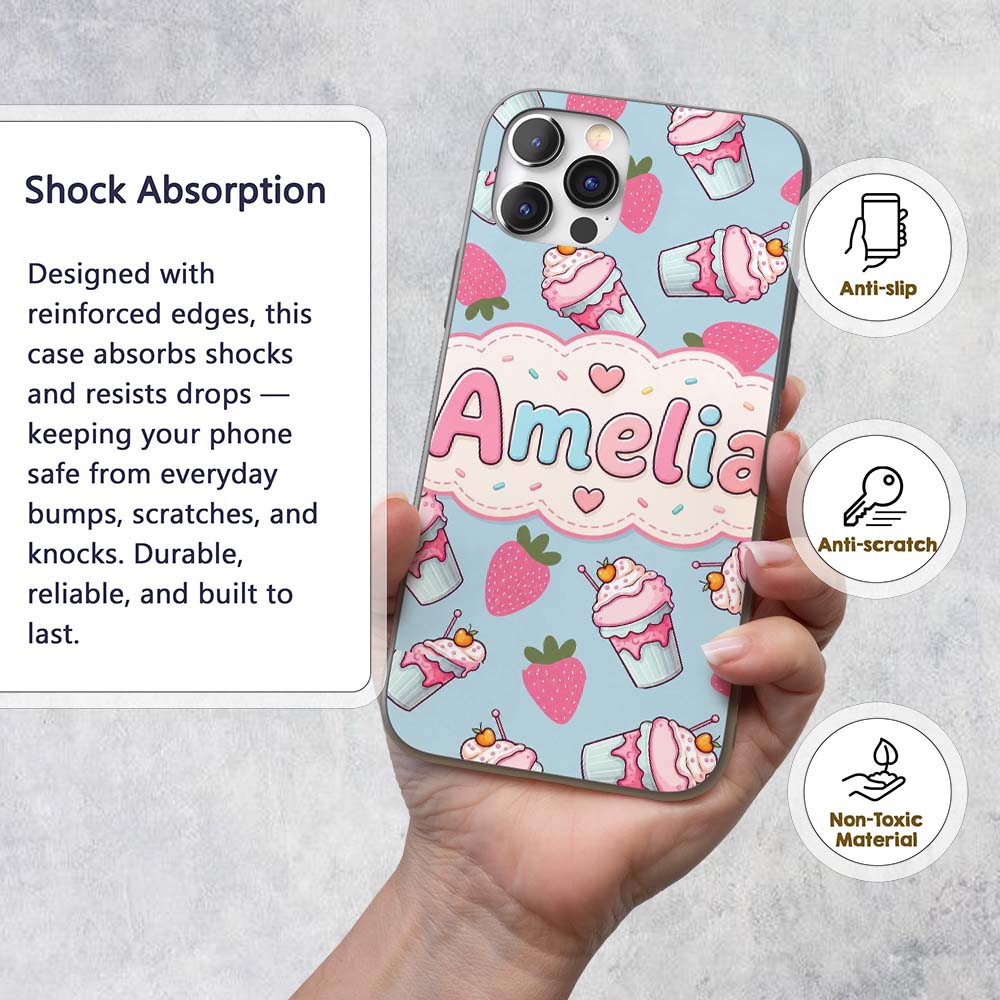 Cute Strawberry Cupcakes with Pink Frosting Blue Custom Name Protective Phone Case Mobile Cover Durable Everyday Smartphone Shock Resistant