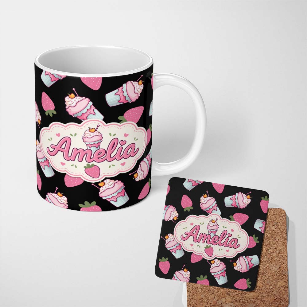 Personalized Custom Name Cute Strawberry Cupcakes with Pink Frosting Black Background 11oz Ceramic Coffee Tea Mug White Large Handle