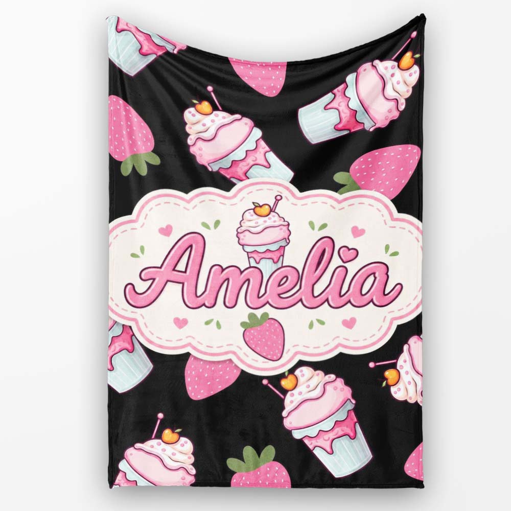 Cute Strawberry Cupcakes with Pink Frosting Black Background  Personalised Custom Name Super Soft Fleece Blanket Bed Sofa Throw