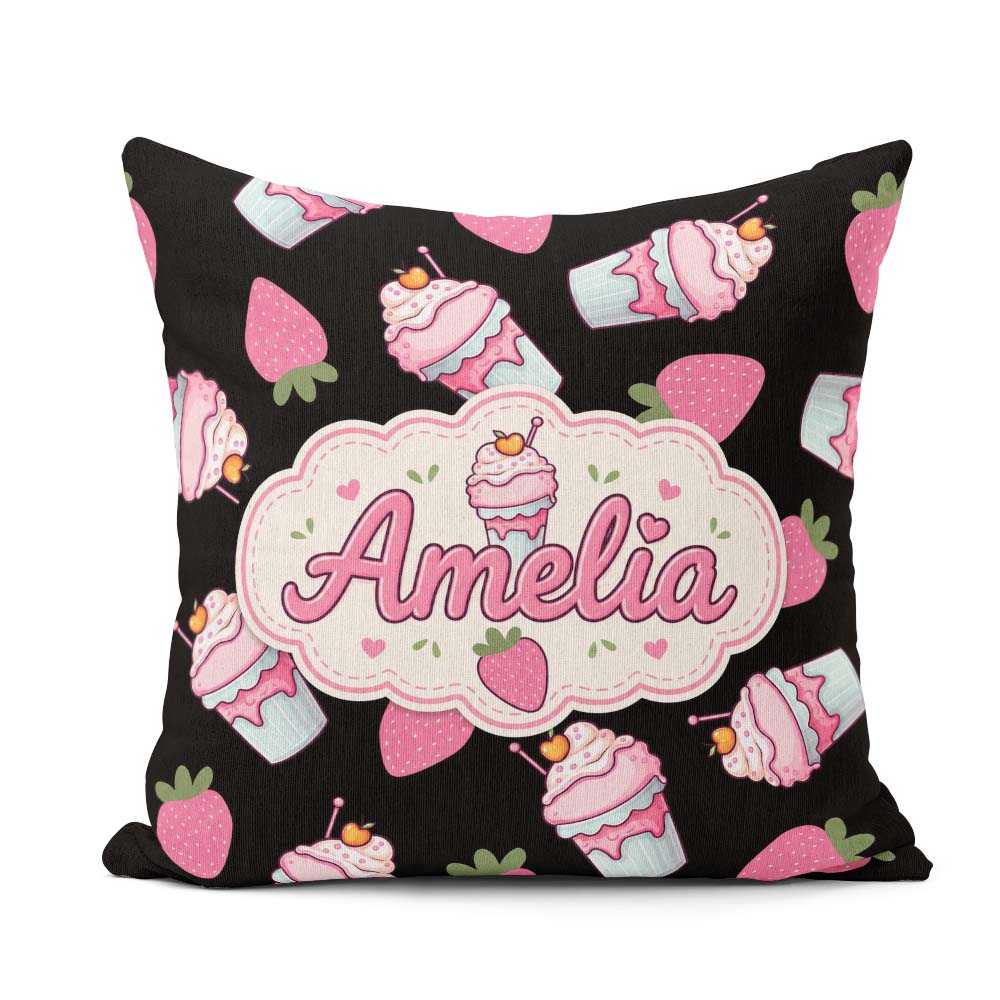 Custom Name Cute Strawberry Cupcakes with Pink Black Background Square Filled Cushion Throw Pillow Sofa Bed Home Decor Zip Washable UK Made
