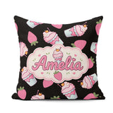 Custom Name Cute Strawberry Cupcakes with Pink Black Background Square Filled Cushion Throw Pillow Sofa Bed Home Decor Zip Washable UK Made