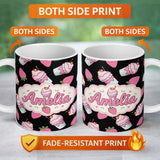 Personalized Custom Name Cute Strawberry Cupcakes with Pink Frosting Black Background 11oz Ceramic Coffee Tea Mug White Large Handle