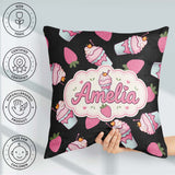 Custom Name Cute Strawberry Cupcakes with Pink Black Background Square Filled Cushion Throw Pillow Sofa Bed Home Decor Zip Washable UK Made