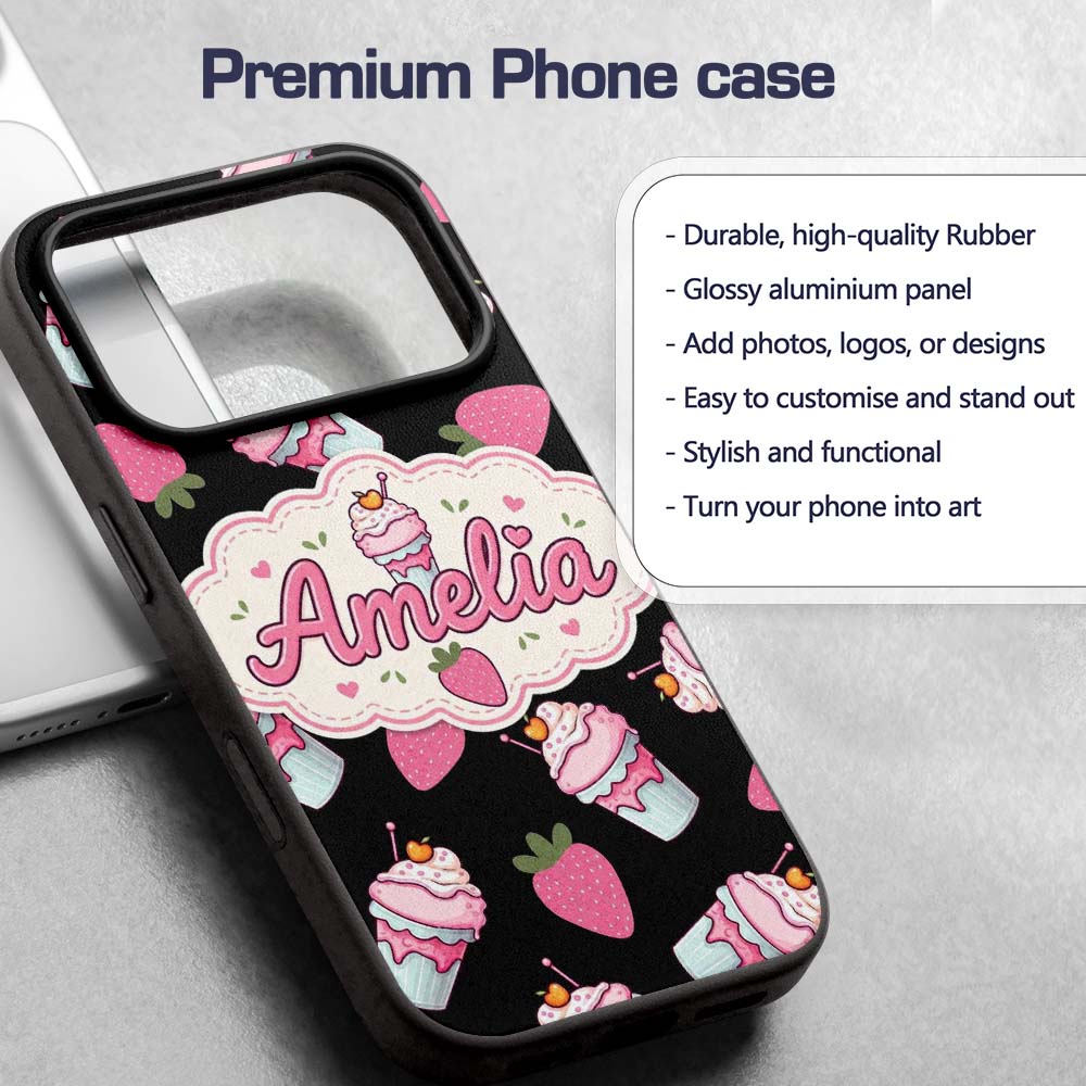 Cute Strawberry Cupcakes with Pink Frosting Black Custom Name Protective Phone Case Mobile Cover Durable Everyday Smartphone Shock Resistant
