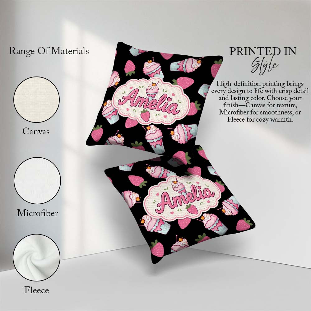 Custom Name Cute Strawberry Cupcakes with Pink Black Background Square Filled Cushion Throw Pillow Sofa Bed Home Decor Zip Washable UK Made