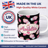 Personalized Custom Name Cute Strawberry Cupcakes with Pink Frosting Black Background 11oz Ceramic Coffee Tea Mug White Large Handle