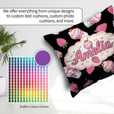 Custom Name Cute Strawberry Cupcakes with Pink Black Background Square Filled Cushion Throw Pillow Sofa Bed Home Decor Zip Washable UK Made