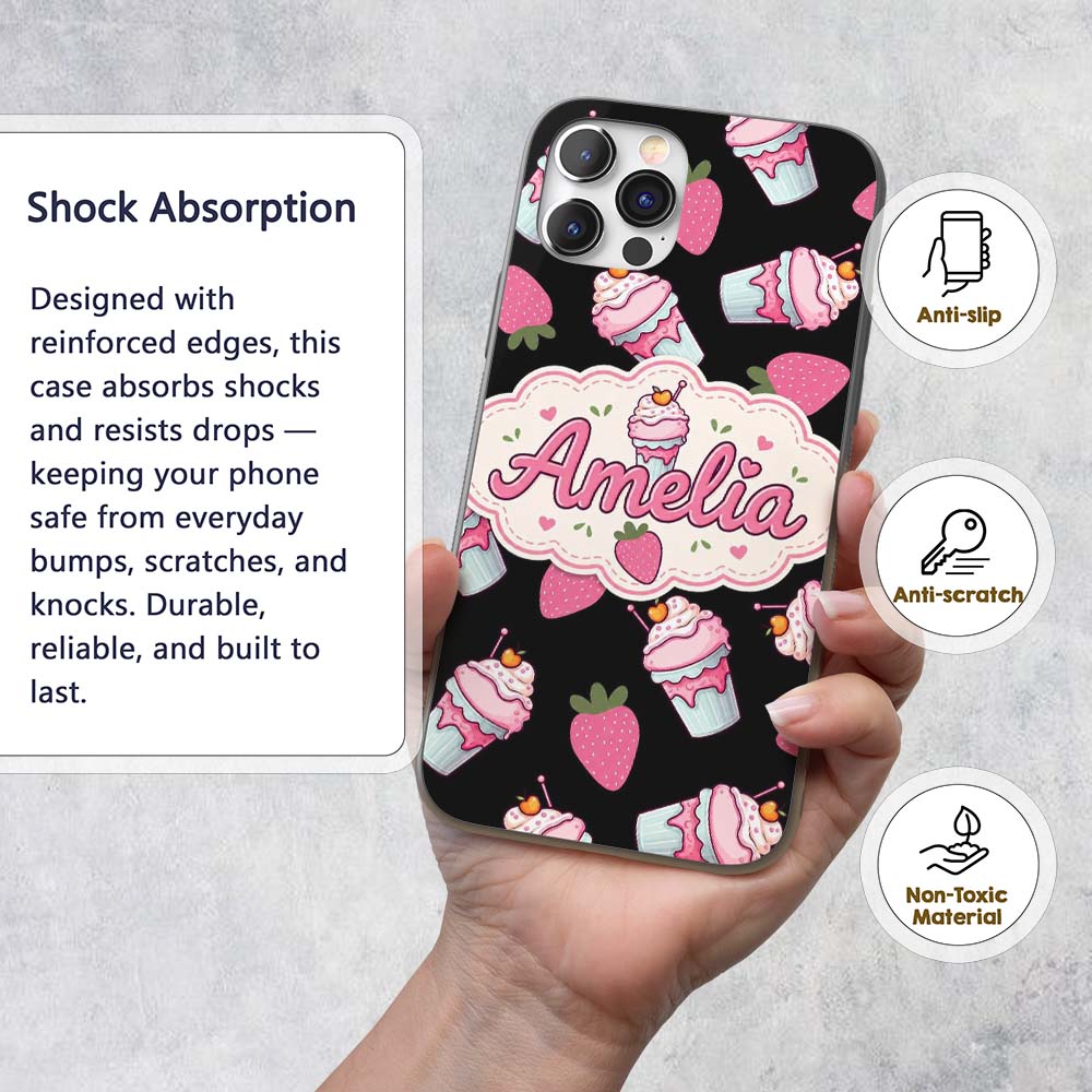 Cute Strawberry Cupcakes with Pink Frosting Black Custom Name Protective Phone Case Mobile Cover Durable Everyday Smartphone Shock Resistant