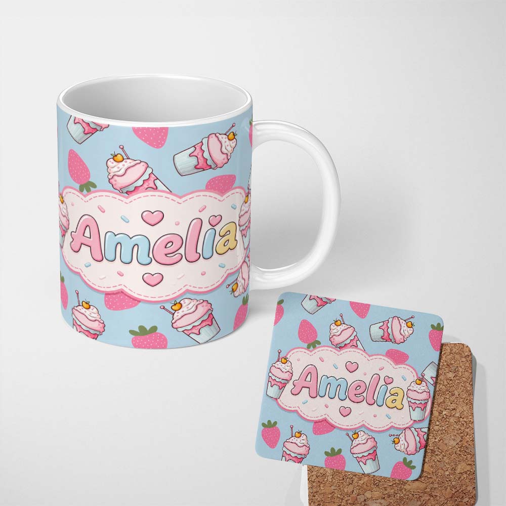 Personalized Custom Name Cute Strawberry Cupcakes with Pink Frosting Blue Background 11oz Ceramic Coffee Tea Mug White Large Handle
