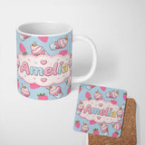 Personalized Custom Name Cute Strawberry Cupcakes with Pink Frosting Blue Background 11oz Ceramic Coffee Tea Mug White Large Handle
