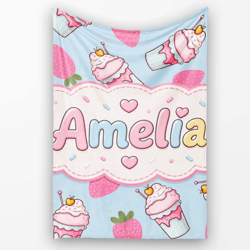 Cute Strawberry Cupcakes with Pink Frosting Blue Background  Personalised Custom Name Super Soft Fleece Blanket Bed Sofa Throw