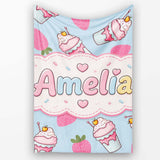 Cute Strawberry Cupcakes with Pink Frosting Blue Background  Personalised Custom Name Super Soft Fleece Blanket Bed Sofa Throw
