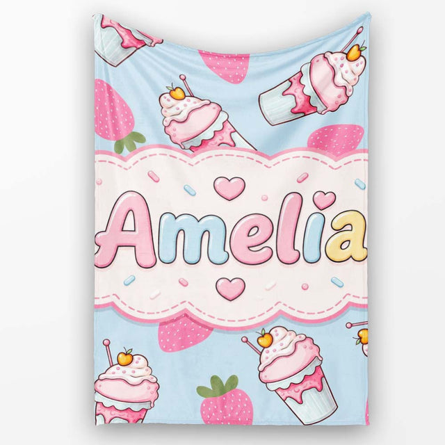 Cute Strawberry Cupcakes with Pink Frosting Blue Background  Personalised Custom Name Super Soft Fleece Blanket Bed Sofa Throw