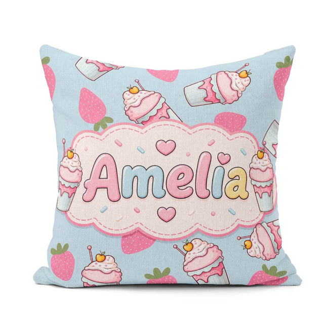 Custom Name Cute Strawberry Cupcakes with Pink Blue Background Square Filled Cushion Throw Pillow Sofa Bed Home Decor Zip Washable UK Made
