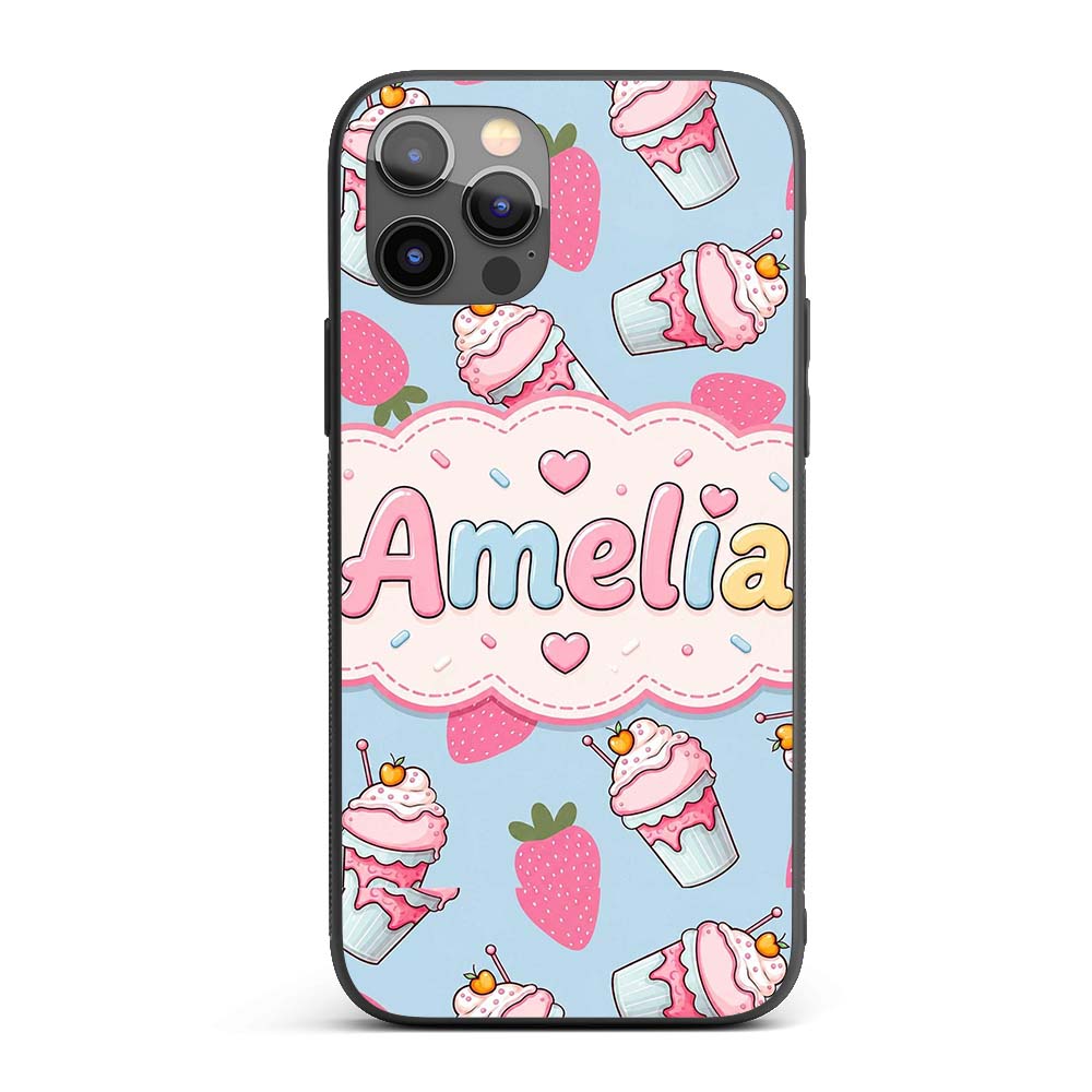 Cute Strawberry Cupcakes with Pink Frosting Blue Custom Name Protective Phone Case Mobile Cover Durable Everyday Smartphone Shock Resistant