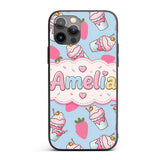Cute Strawberry Cupcakes with Pink Frosting Blue Custom Name Protective Phone Case Mobile Cover Durable Everyday Smartphone Shock Resistant