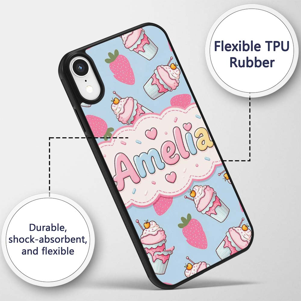 Cute Strawberry Cupcakes with Pink Frosting Blue Custom Name Protective Phone Case Mobile Cover Durable Everyday Smartphone Shock Resistant