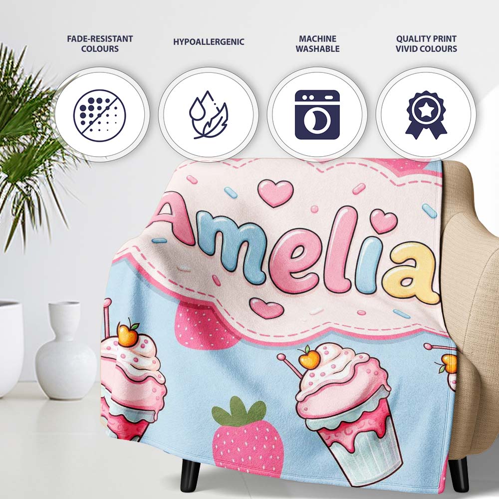 Cute Strawberry Cupcakes with Pink Frosting Blue Background  Personalised Custom Name Super Soft Fleece Blanket Bed Sofa Throw