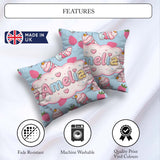 Custom Name Cute Strawberry Cupcakes with Pink Blue Background Square Filled Cushion Throw Pillow Sofa Bed Home Decor Zip Washable UK Made