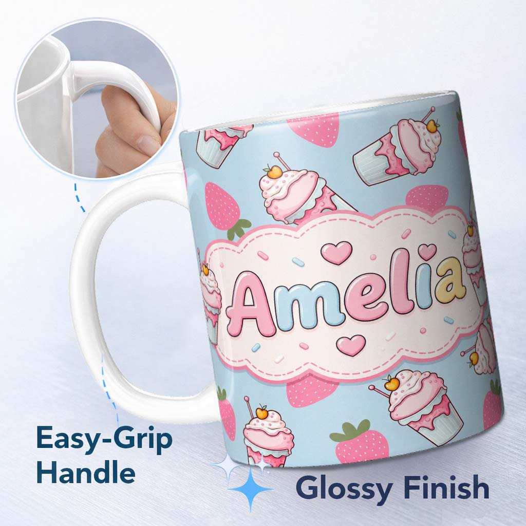 Personalized Custom Name Cute Strawberry Cupcakes with Pink Frosting Blue Background 11oz Ceramic Coffee Tea Mug White Large Handle