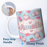 Personalized Custom Name Cute Strawberry Cupcakes with Pink Frosting Blue Background 11oz Ceramic Coffee Tea Mug White Large Handle