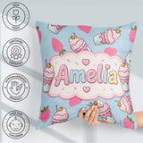 Custom Name Cute Strawberry Cupcakes with Pink Blue Background Square Filled Cushion Throw Pillow Sofa Bed Home Decor Zip Washable UK Made