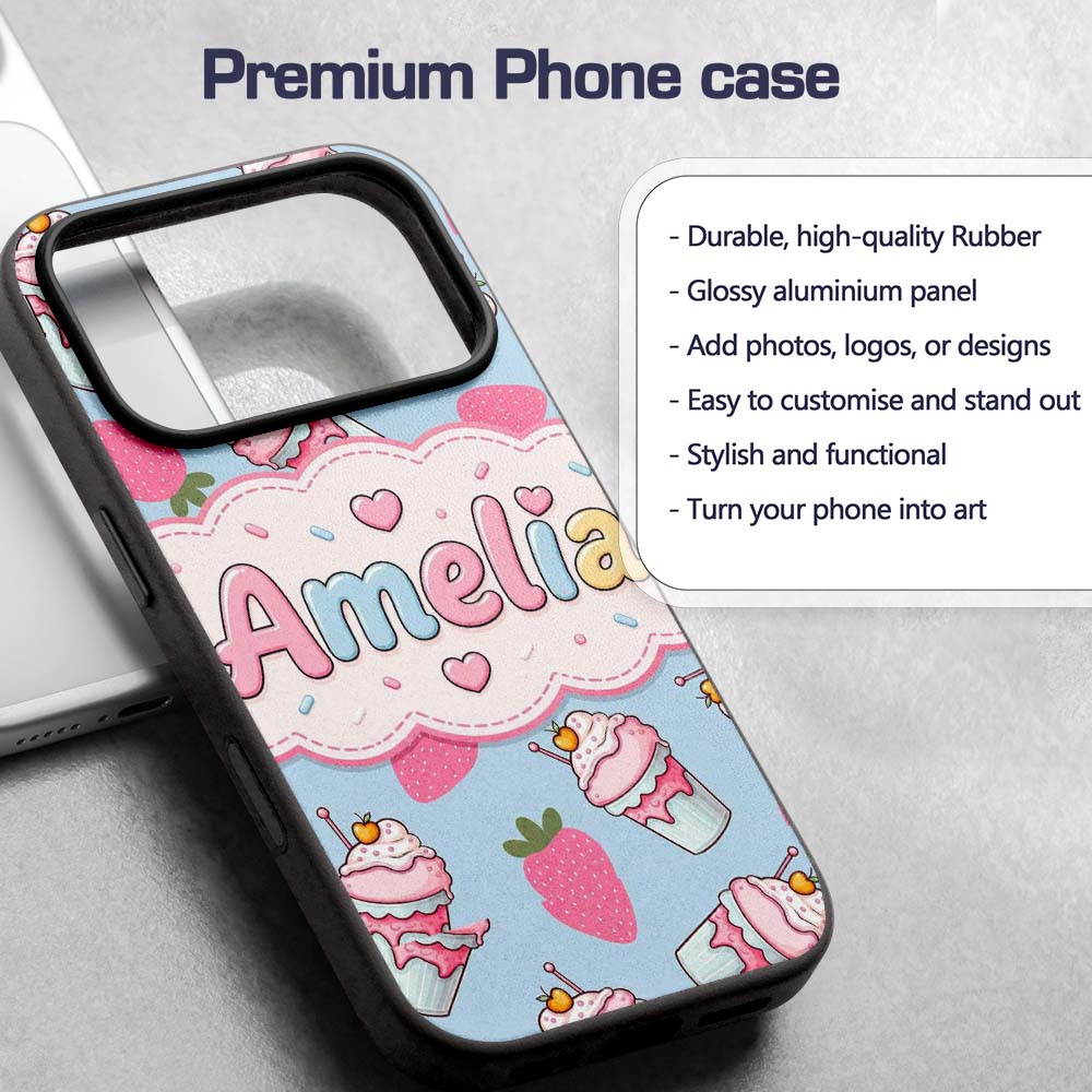 Cute Strawberry Cupcakes with Pink Frosting Blue Custom Name Protective Phone Case Mobile Cover Durable Everyday Smartphone Shock Resistant
