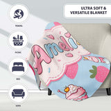 Cute Strawberry Cupcakes with Pink Frosting Blue Background  Personalised Custom Name Super Soft Fleece Blanket Bed Sofa Throw