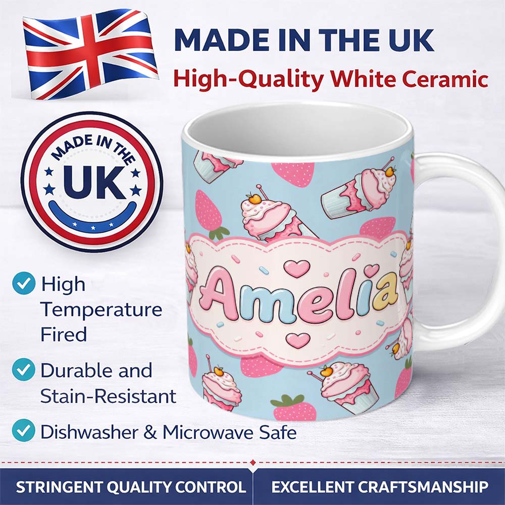 Personalized Custom Name Cute Strawberry Cupcakes with Pink Frosting Blue Background 11oz Ceramic Coffee Tea Mug White Large Handle