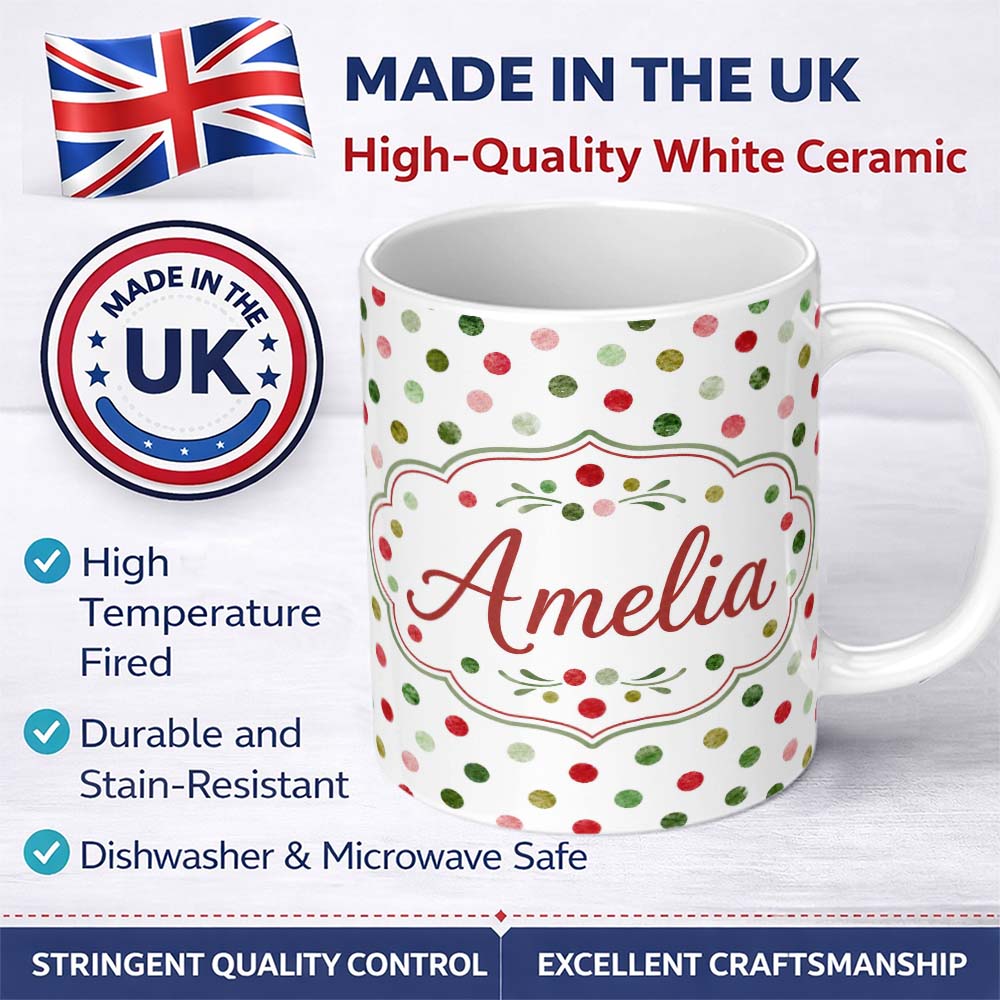 Personalized Custom Name Watercolor Red Green Polka Dot Festive Seamless Pattern Lovely 11oz Ceramic Coffee Tea Mug White Large Handle