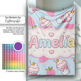 Cute Strawberry Cupcakes with Pink Frosting Blue Background  Personalised Custom Name Super Soft Fleece Blanket Bed Sofa Throw