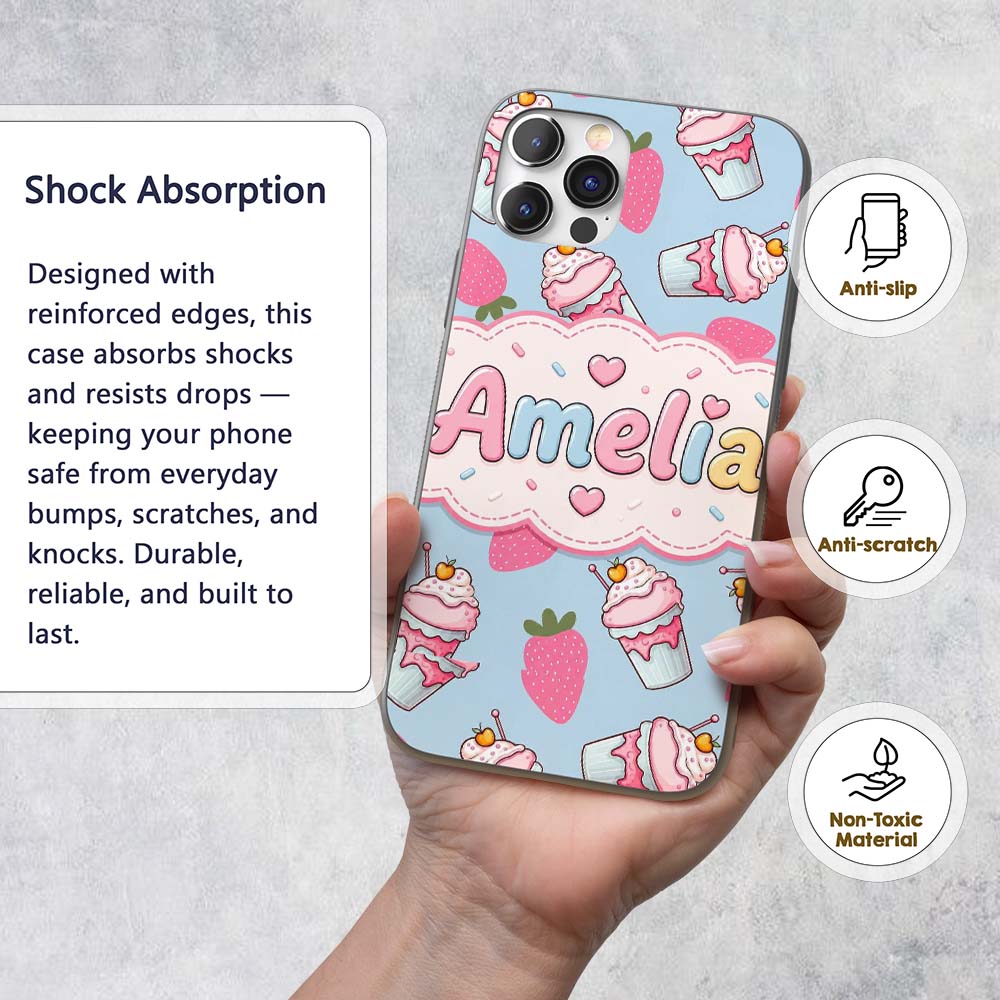Cute Strawberry Cupcakes with Pink Frosting Blue Custom Name Protective Phone Case Mobile Cover Durable Everyday Smartphone Shock Resistant