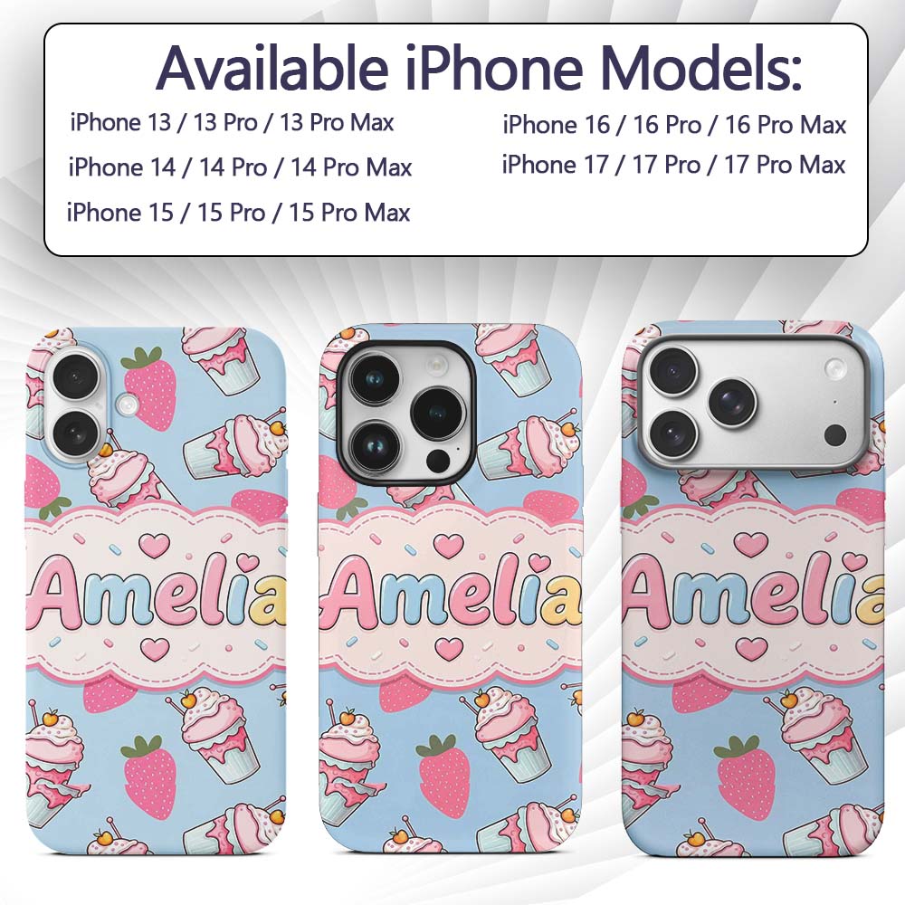 Cute Strawberry Cupcakes with Pink Frosting Blue Custom Name Protective Phone Case Mobile Cover Durable Everyday Smartphone Shock Resistant