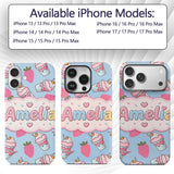 Cute Strawberry Cupcakes with Pink Frosting Blue Custom Name Protective Phone Case Mobile Cover Durable Everyday Smartphone Shock Resistant