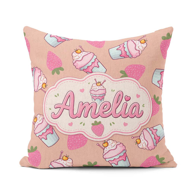 Custom Name Cute Strawberry Cupcakes with Pink Beige Background Square Filled Cushion Throw Pillow Sofa Bed Home Decor Zip Washable UK Made