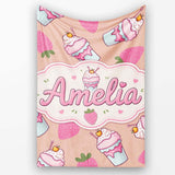 Cute Strawberry Cupcakes with Pink Frosting Beige Background  Personalised Custom Name Super Soft Fleece Blanket Bed Sofa Throw