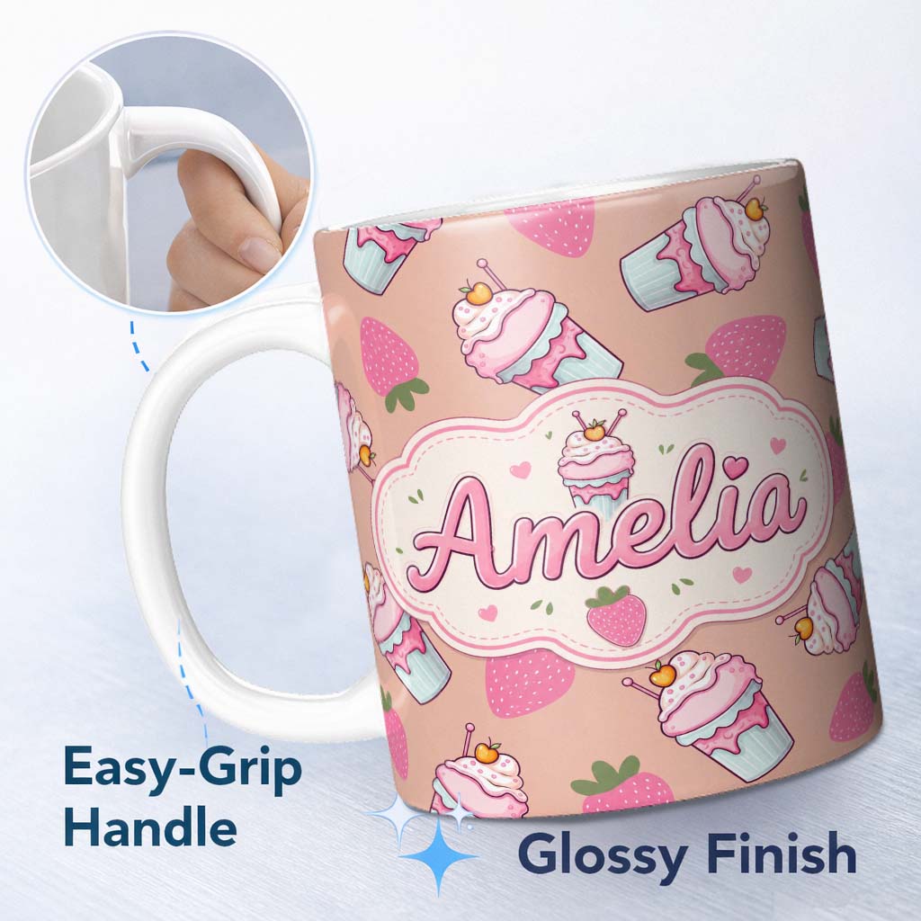 Personalized Custom Name Cute Strawberry Cupcakes with Pink Frosting Beige Background 11oz Ceramic Coffee Tea Mug White Large Handle