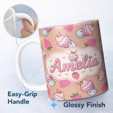 Personalized Custom Name Cute Strawberry Cupcakes with Pink Frosting Beige Background 11oz Ceramic Coffee Tea Mug White Large Handle