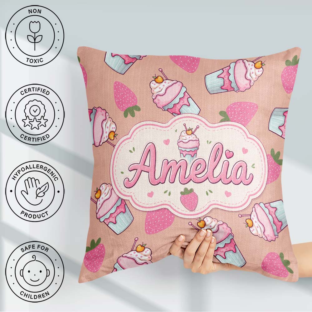 Custom Name Cute Strawberry Cupcakes with Pink Beige Background Square Filled Cushion Throw Pillow Sofa Bed Home Decor Zip Washable UK Made