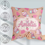 Custom Name Cute Strawberry Cupcakes with Pink Beige Background Square Filled Cushion Throw Pillow Sofa Bed Home Decor Zip Washable UK Made