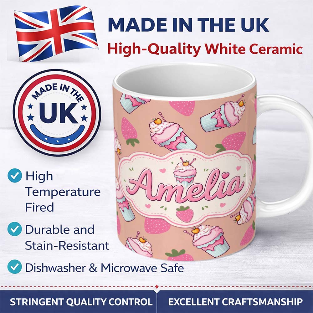 Personalized Custom Name Cute Strawberry Cupcakes with Pink Frosting Beige Background 11oz Ceramic Coffee Tea Mug White Large Handle
