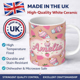 Personalized Custom Name Cute Strawberry Cupcakes with Pink Frosting Beige Background 11oz Ceramic Coffee Tea Mug White Large Handle