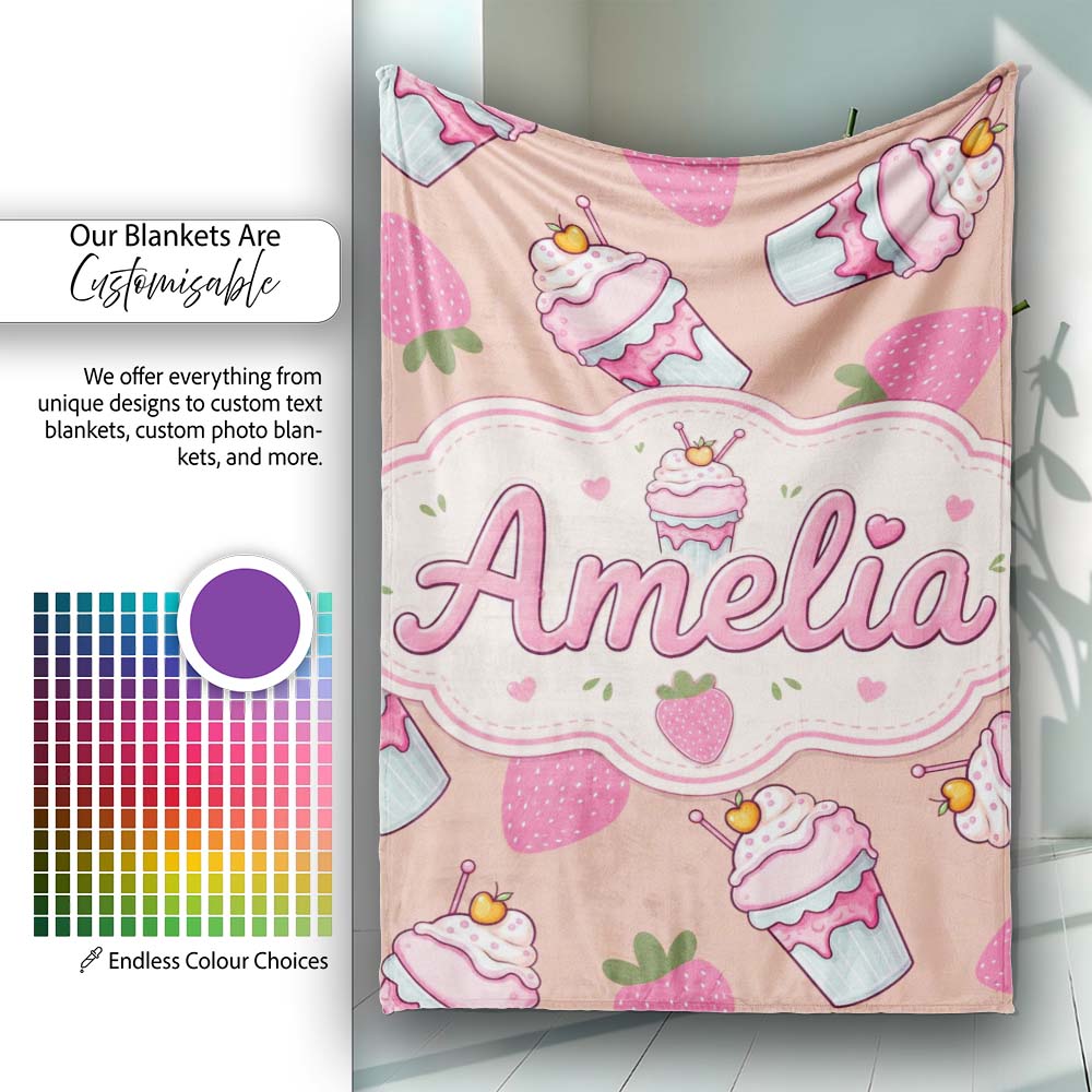 Cute Strawberry Cupcakes with Pink Frosting Beige Background  Personalised Custom Name Super Soft Fleece Blanket Bed Sofa Throw