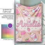 Cute Strawberry Cupcakes with Pink Frosting Beige Background  Personalised Custom Name Super Soft Fleece Blanket Bed Sofa Throw