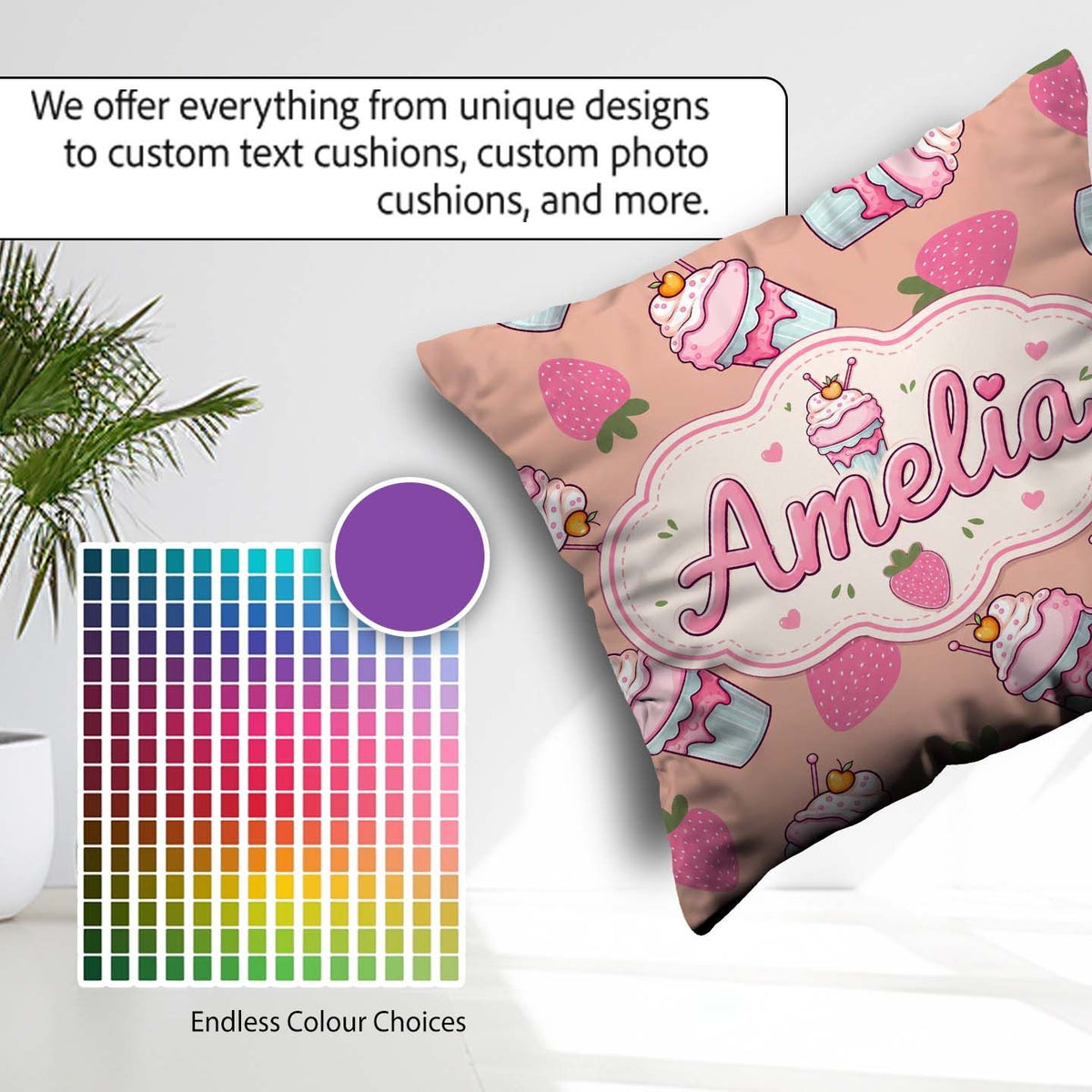 Custom Name Cute Strawberry Cupcakes with Pink Beige Background Square Filled Cushion Throw Pillow Sofa Bed Home Decor Zip Washable UK Made