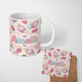 Personalized Custom Name Cute Strawberry Cupcakes and Sweet Treats on Cream Background 11oz Ceramic Coffee Tea Mug White Large Handle
