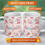 Personalized Custom Name Cute Strawberry Cupcakes and Sweet Treats on Cream Background 11oz Ceramic Coffee Tea Mug White Large Handle