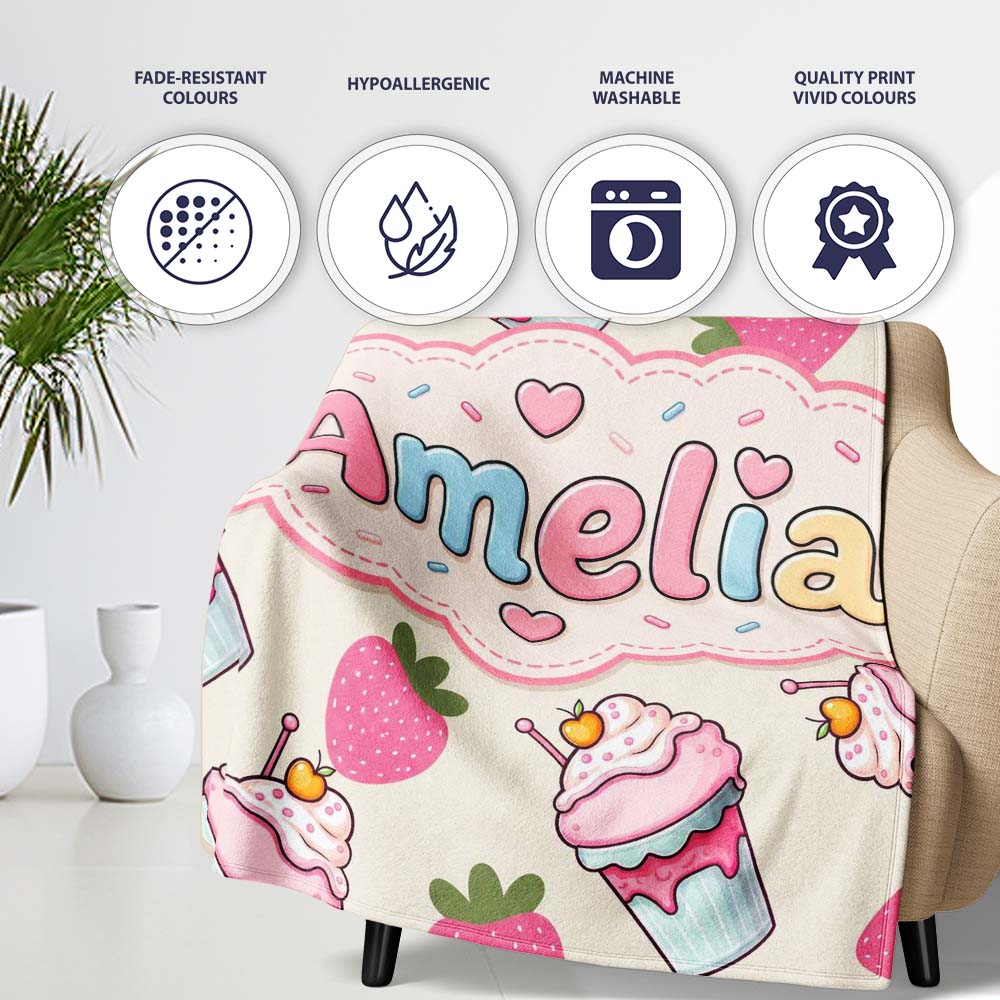 Cute Strawberry Cupcakes and Sweet Treats on Cream Background  Personalised Custom Name Super Soft Fleece Blanket Bed Sofa Throw