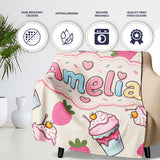 Cute Strawberry Cupcakes and Sweet Treats on Cream Background  Personalised Custom Name Super Soft Fleece Blanket Bed Sofa Throw